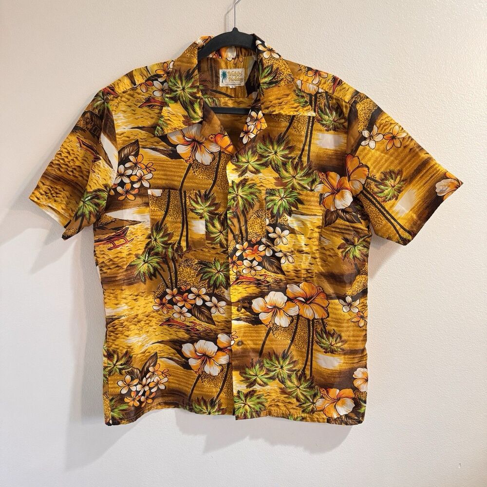 Vintage 60s 70s Hawaiian Camp Shirt Mens L Waikiki Holiday Yellow Floral Beach